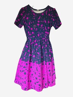 LuLaRoe Amelia Dress S | Pocketed Fit & Flare | Purple Abstract Print | Pleated